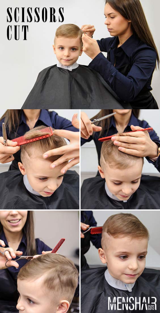 cutting a boy's hair with scissors