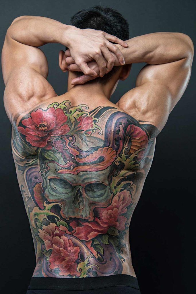 New School Skull And Flowers Back Tattoo #tattoo #tattoosformen #menstattoo #tattoos