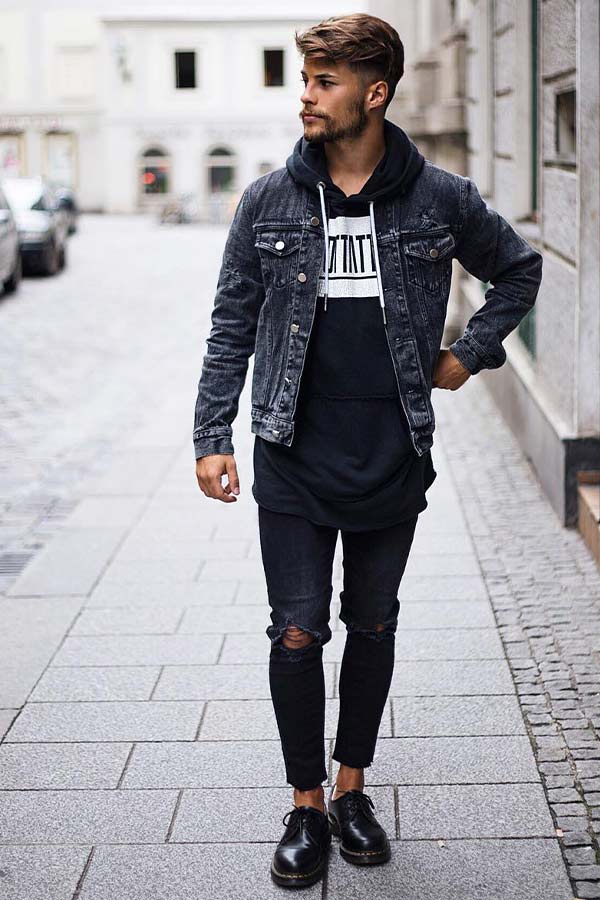 Black Hoodie Jeans Jacket #rippedjeans #mensjeans