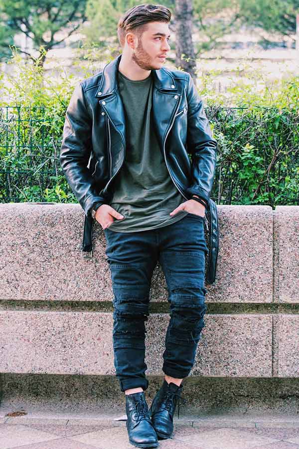 Black Laser Jacket And Boots #rippedjeans #mensjeans
