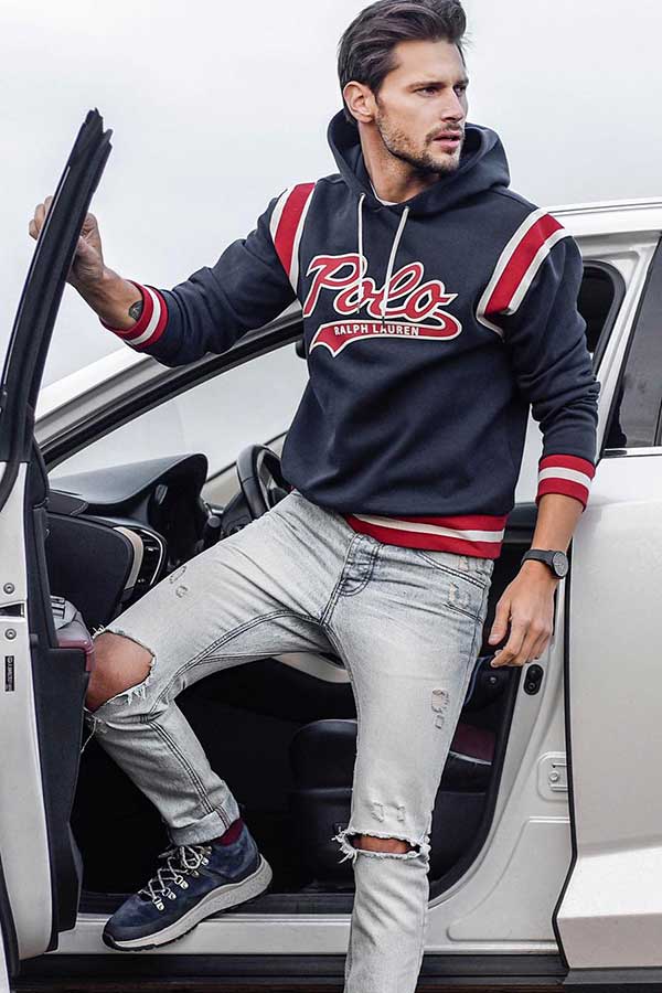 Blue Red Hoodie and Ripped Jeans #rippedjeans #mensjeans