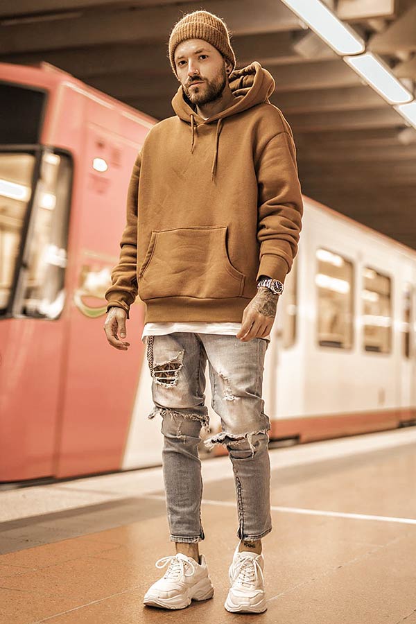 Browh Biege Hoodie and Ripped Jeans #rippedjeans #mensjeans