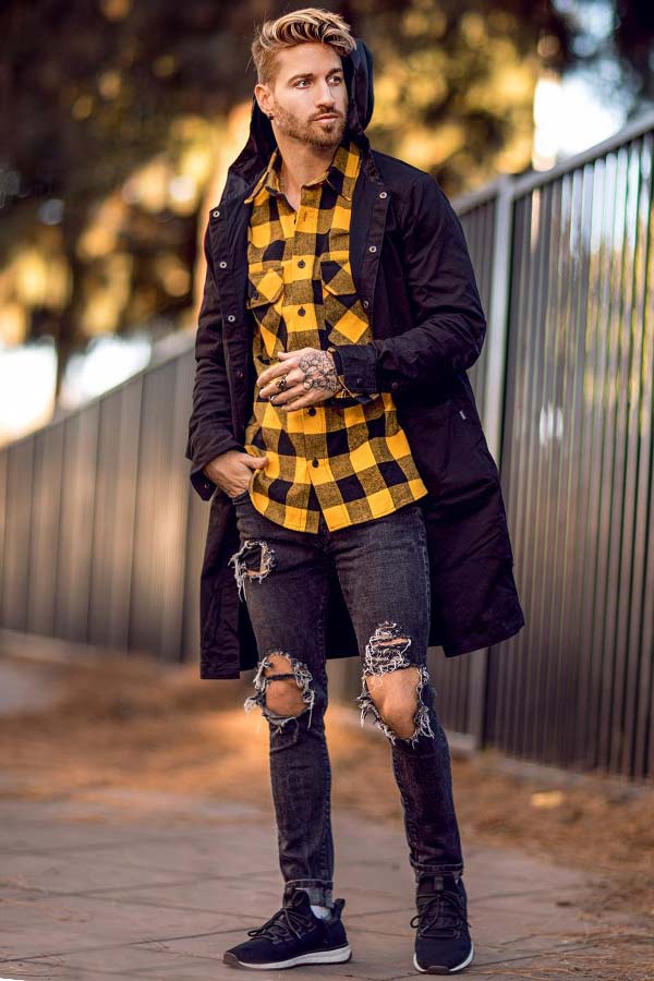 Yellow Cell Shirt Trench #rippedjeans #mensjeans