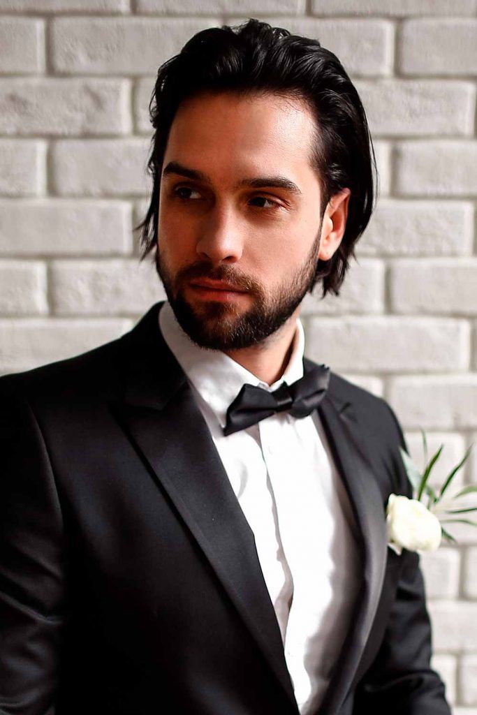 Long Slick Back #wedding #weddinghairstyles #weddinghairmen #mensweddinghair #weddinghairstylesmen