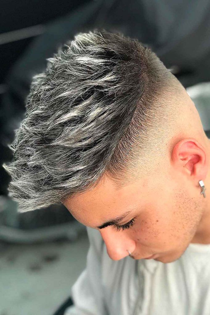 Silver Hair Men Unsercut Fade Faux Hawk Spiky Highlights 683x1024 