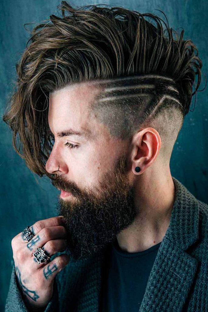 Image of Side swept undercut with pompadour mens long hairstyle undercut