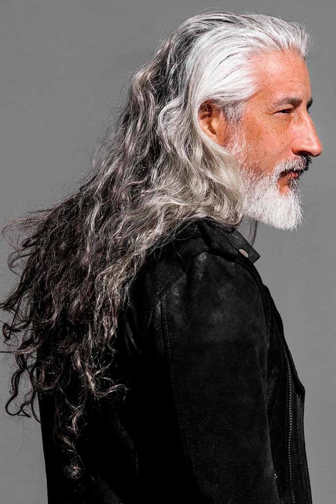 Slicked Back Silver Long Hair #silverhairmen #silverhair #greyhair #grayhair