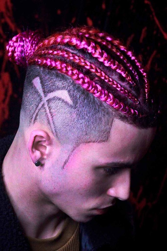 Pink Man Bun Braids Undercut Design #braidsformen #manbraid #mensbraids 