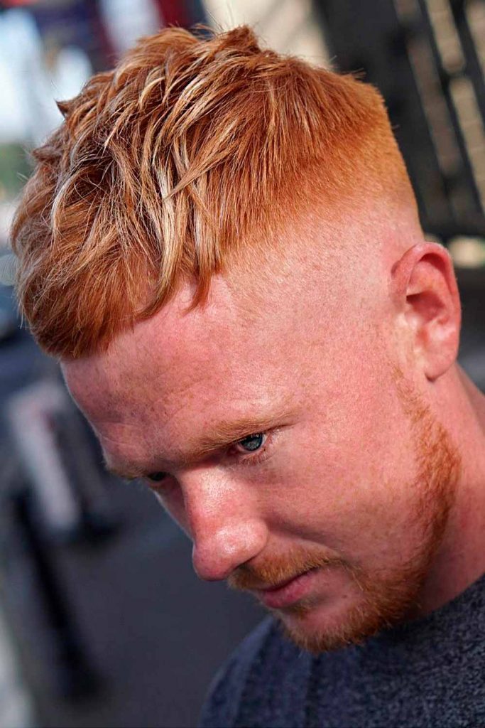 hairstyles for men with big forehead short red highlights fade