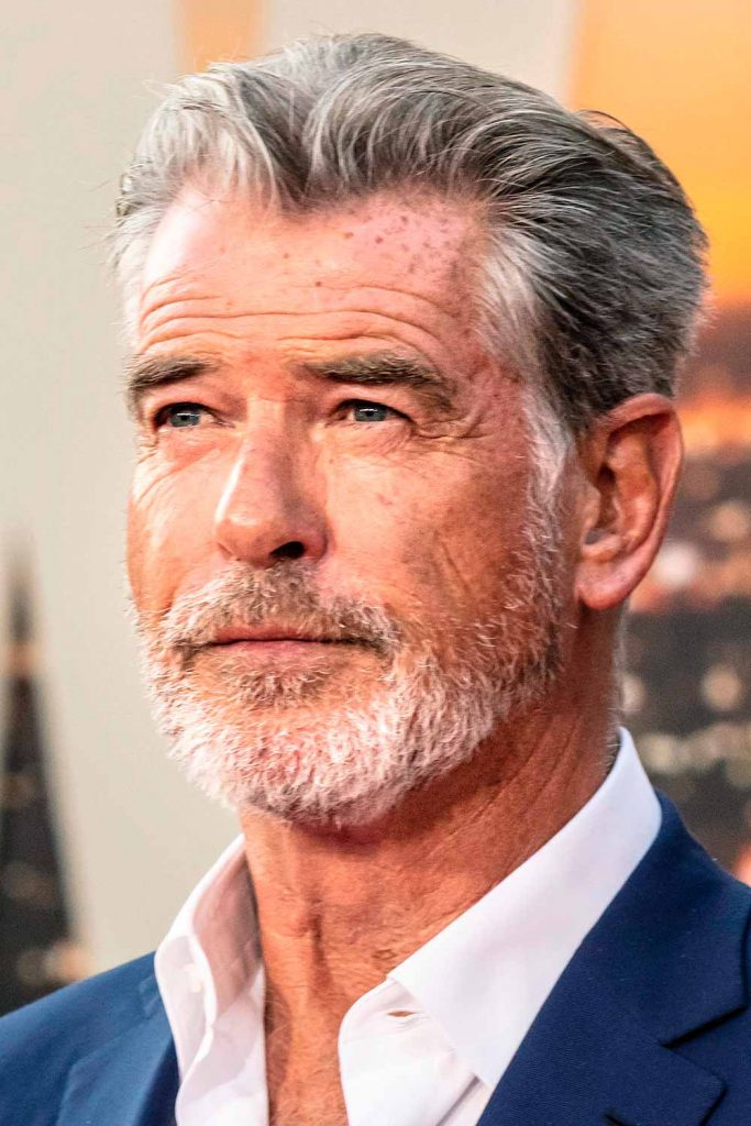 Pierce Brosnan’s Brushed Back Taper #oldmanhaircut #hairstylesforolderman