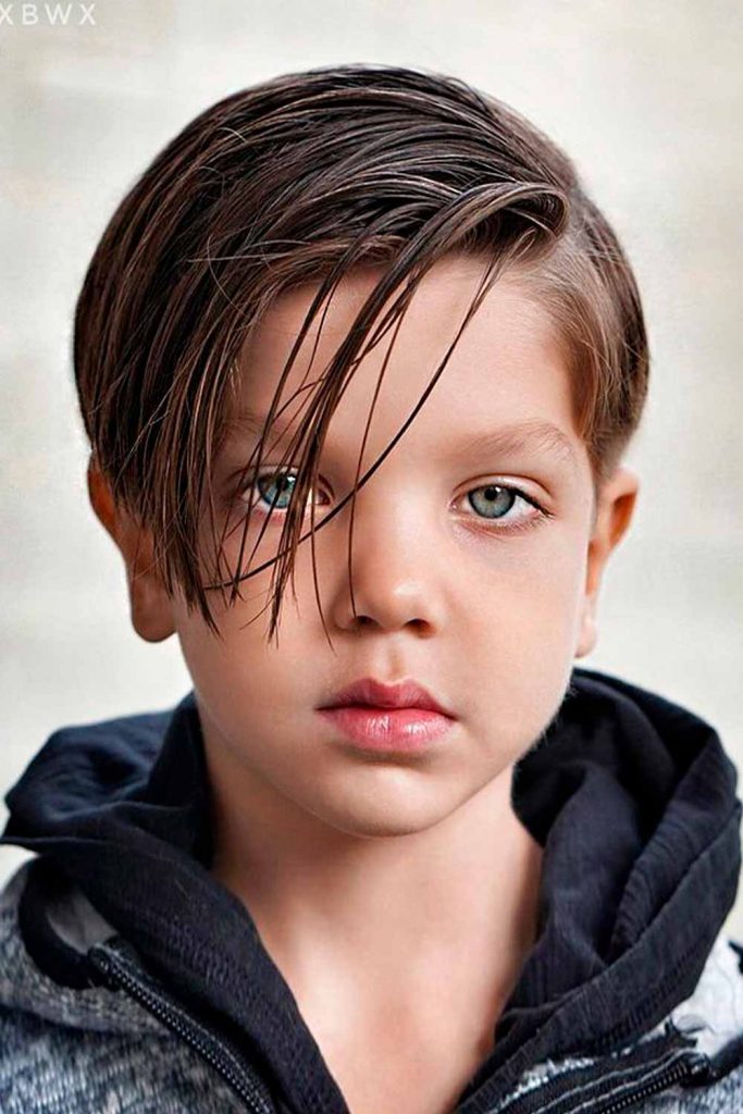 Image of Wavy long hair with side bangs little boy