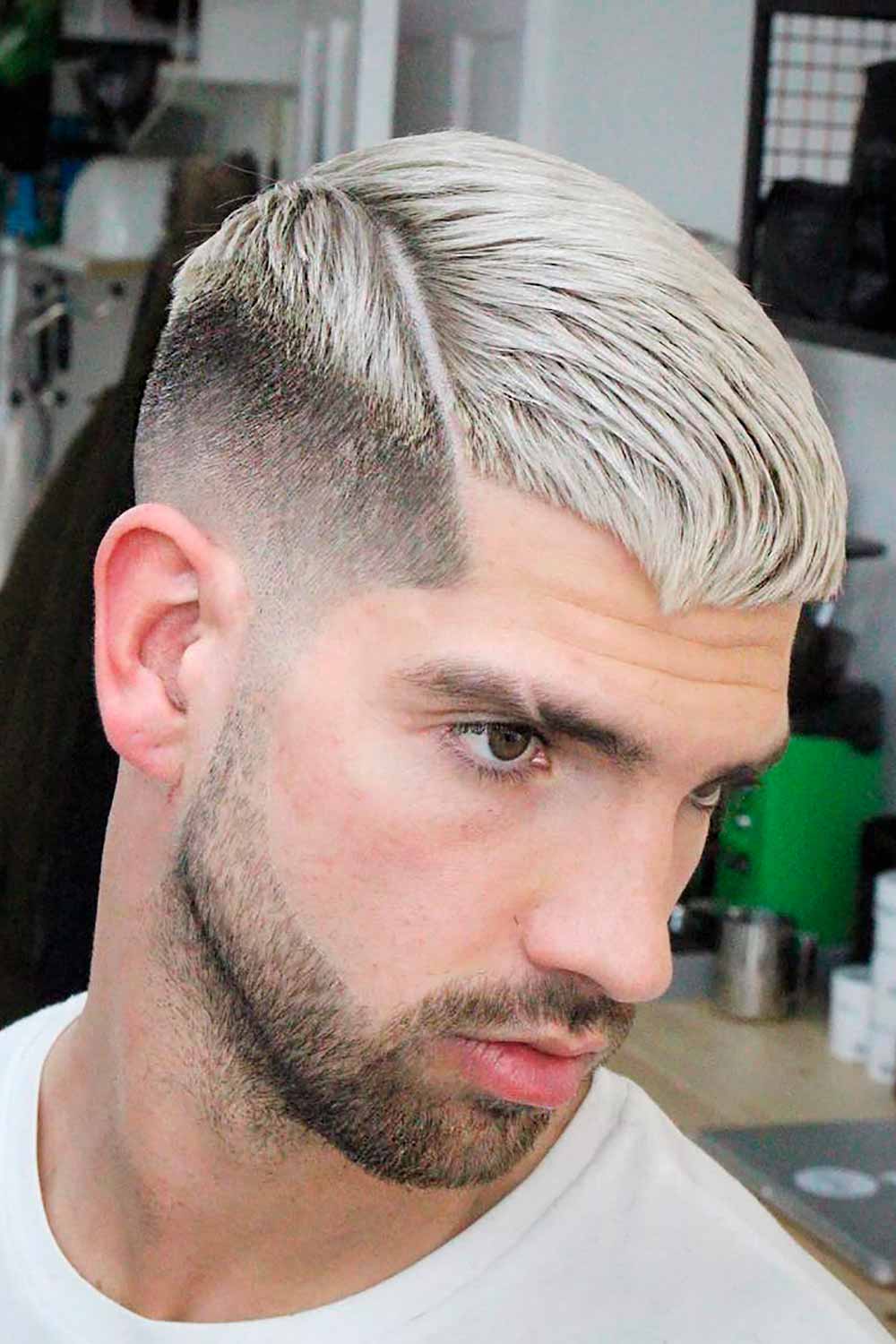 Fade Side Part Haircut Ash Blonde For Men #sideparthaircut #sidepartmenshaircut