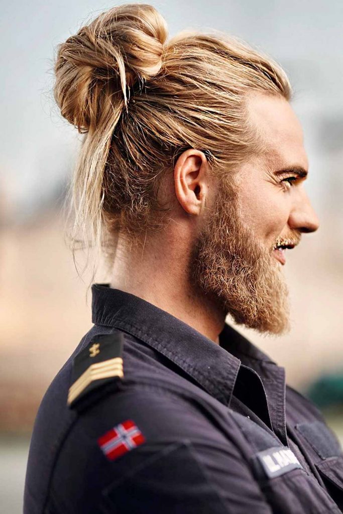 blonde men haircuts long bun