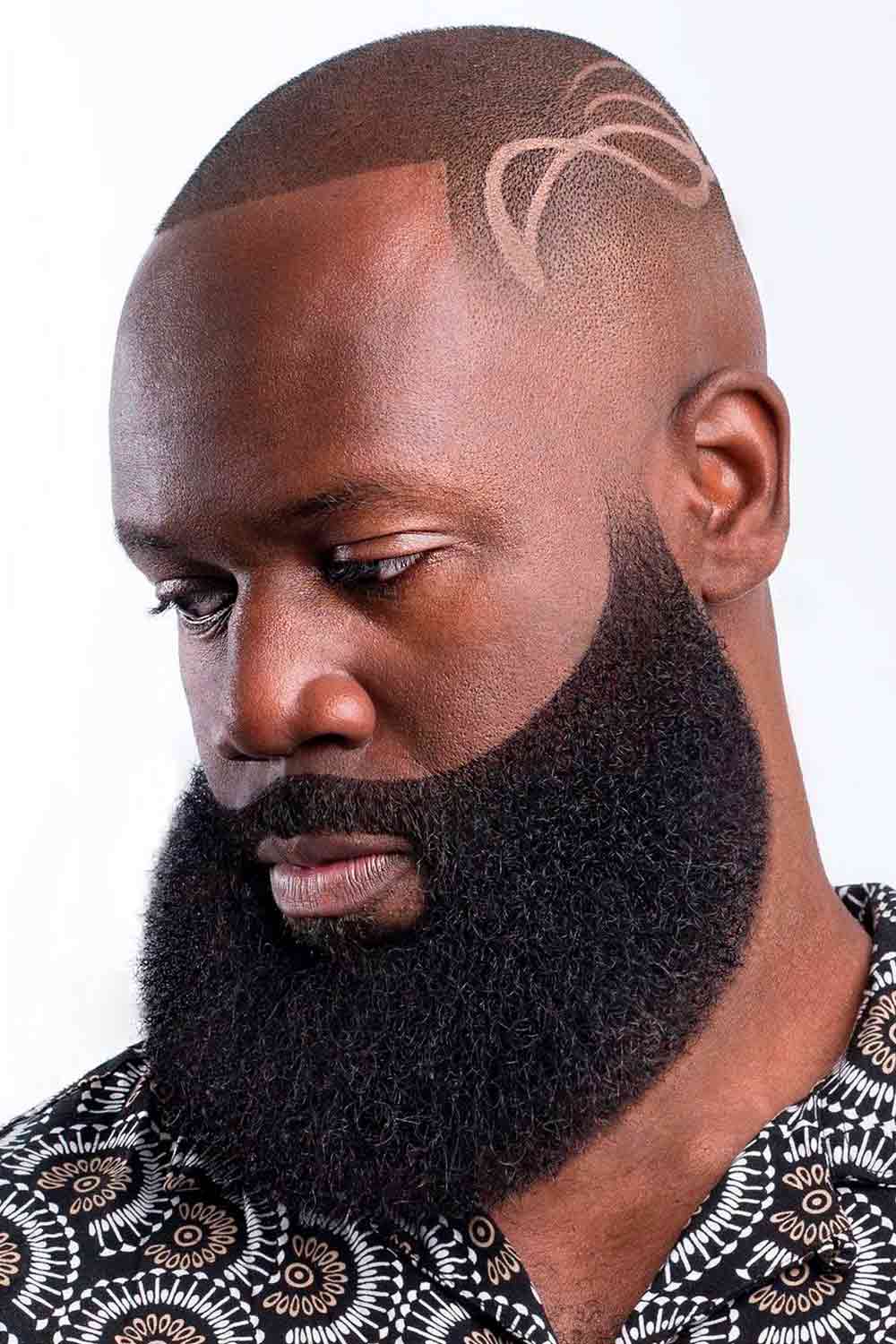 Bald Head With Design And Full Beard #blackmenhaircuts #blackmenhairstyles #afrohaircuts #haircutsforblackmen